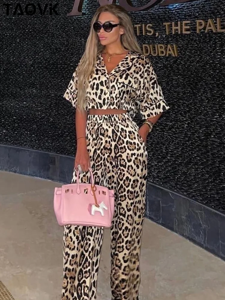 

TAOVK Women’s Pants Suits Sexy Leopard V-neck Short Sleeve Mini Tops Shirts +Wide Leg Trousers 2 Pieces Sets Outwears