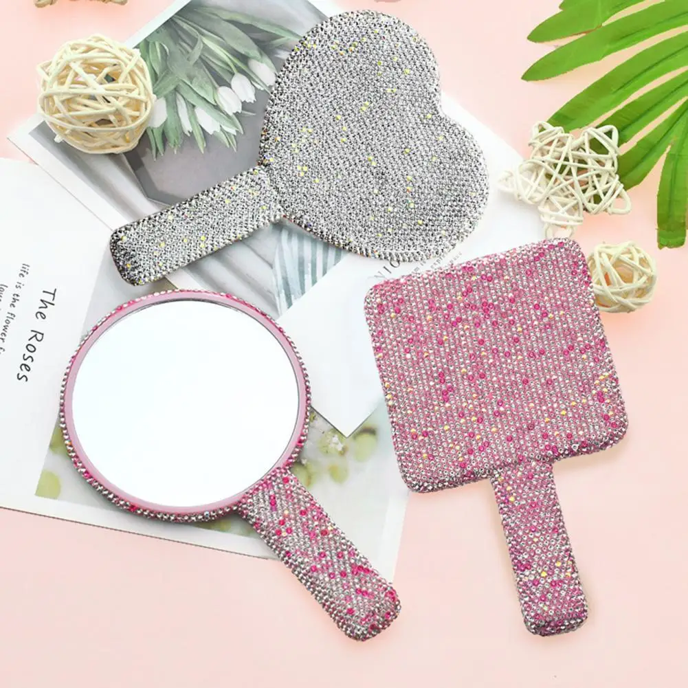 

Makeup Mirror Glitter Rhinestone Decor Non-slip Handle Comfortable Grip Square Round Heart Shaped Handheld Mirror Women