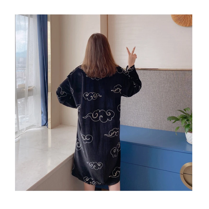 Spring Women Girl Fashion Velvet Pajamas Dress Clouds Print Sleep Wear