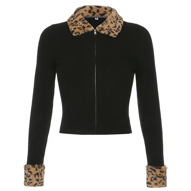 Faux Fur Collar Cardigan Women Y2K 