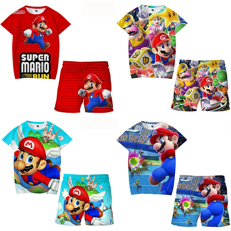 

Game Super Mario Bros Shorts Sleeve Casual Suit for Kids Anime Figures Mario Luigi Peach Summer T-shirt Boys Girls Birthday Gift