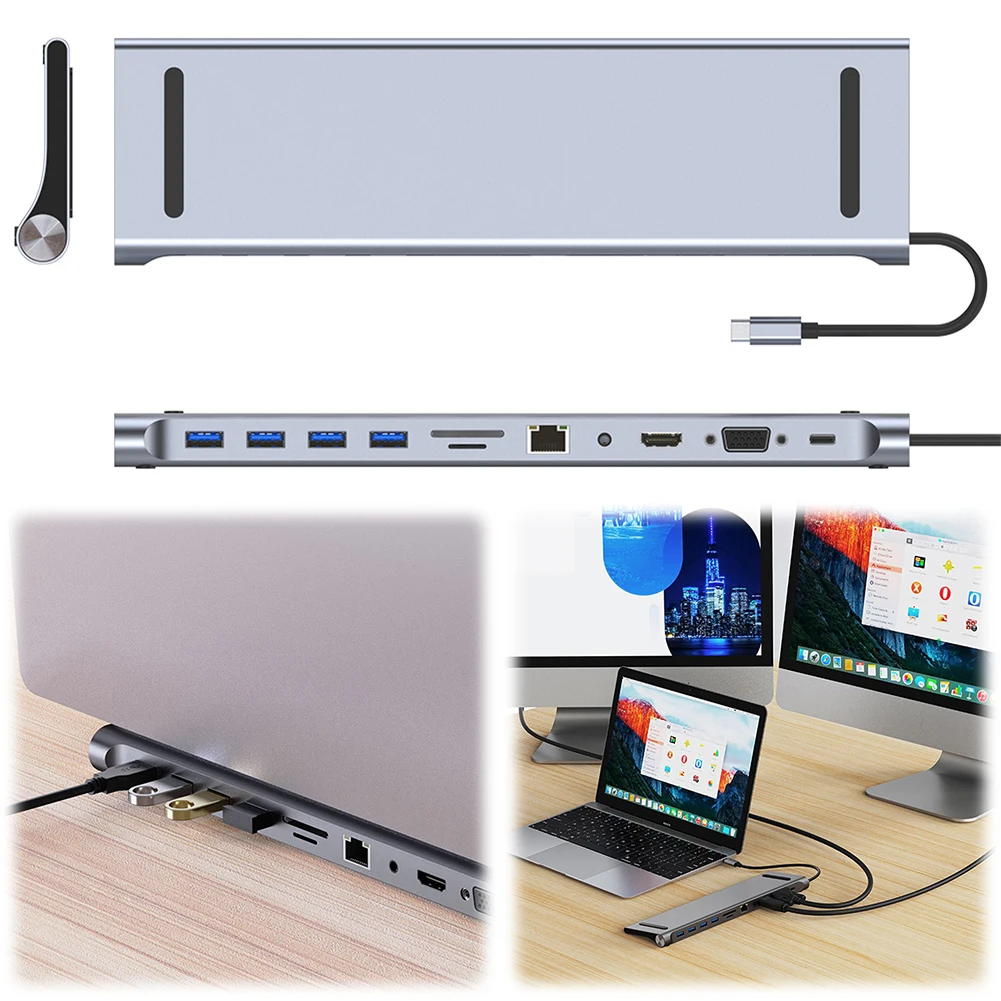 Концентратор типа C 11 в 1 с многопортовым адаптером VGA Ethernet совместимым 4K HDMI * USB 3.0 3