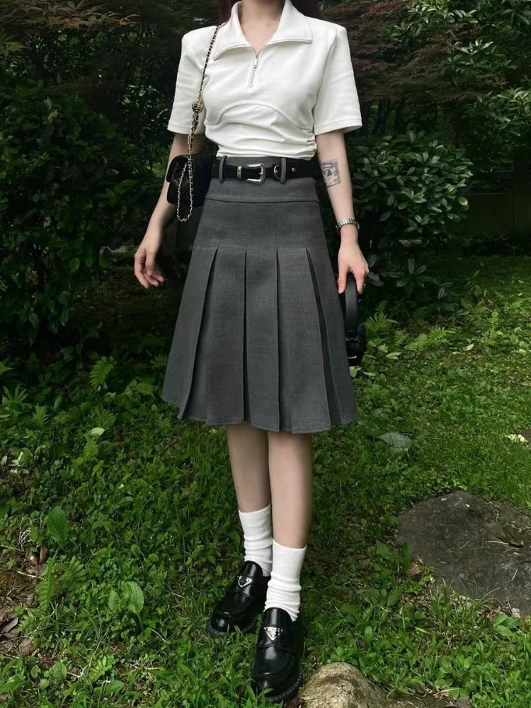 

Preppy Style High Waist Suit Skirt for Women Autumn New Gary Pleated Skirts Japanese Harajuku Mid-length A-line Mujer Faldas