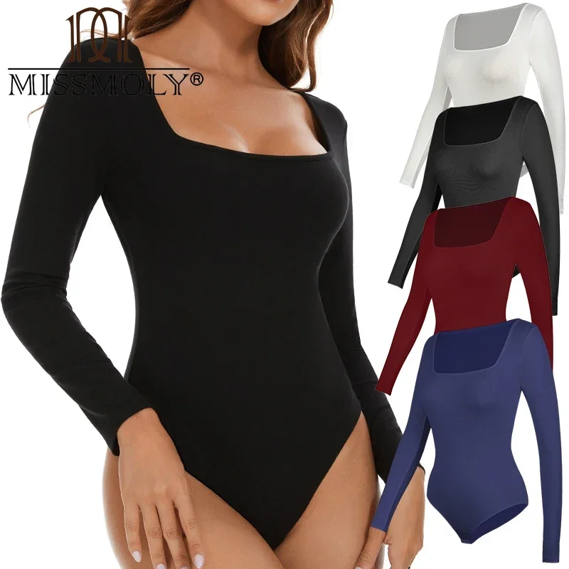 MISSMOLY женское боди с глубоким вырезом и квадратным длинными рукавами