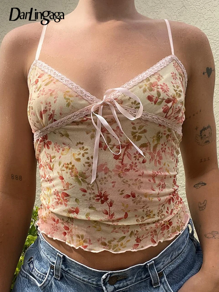 

Darlingaga Strap V Neck Floral Print Lace Trim Y2K Mesh Top Women Cami Bow Chic 2000s Aesthetic Summer Crop Top Cute Retro Frill