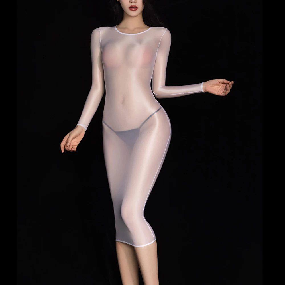 

Women Exotic Dress Transparent Wet Seductive Look Satin Intimates Erotic Bodycon Long Sleeve Cocktail Tight Shiny Clubwear