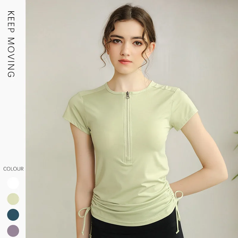 

Zipper drawstring sports Short Sleeve T-Shirt Top solid color fast drying running fitness suit women