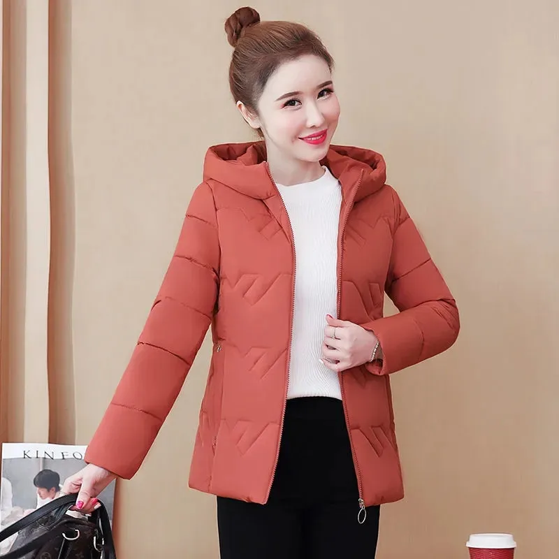 

Short Cotton-Padded Jacket Women New Autumn And Winter Fashion Zipper Solid Color Hooded Slim Warm Coat Female Outerwear H3227