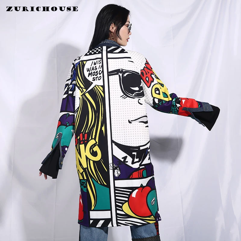 

Patchwork Denim Trench Coats Women Long Overcoat Female Spring Autumn Streetwear Chic Cartoon Graffiti Print Windbreaer Jaquetas