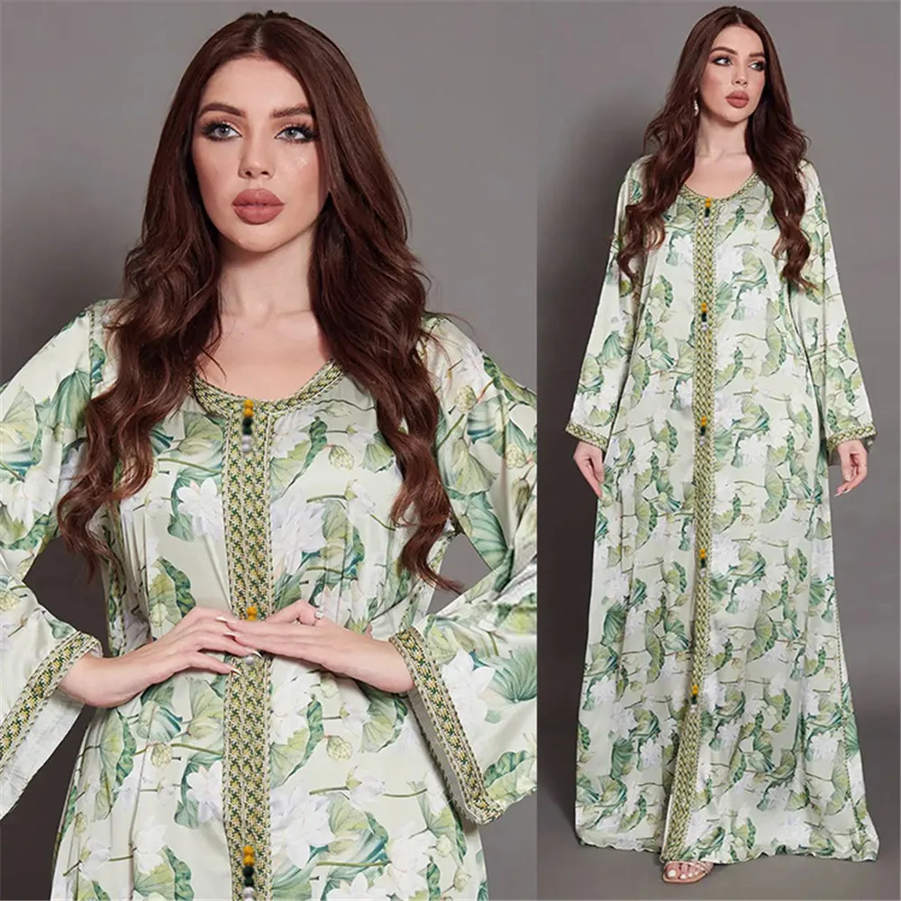 

Morocco Muslim Dress Women Floral Printed Abaya Dubai Arabic Party Vestidos Long Kaftan Islamic Clothing Gown Robe Eid Jalabiya