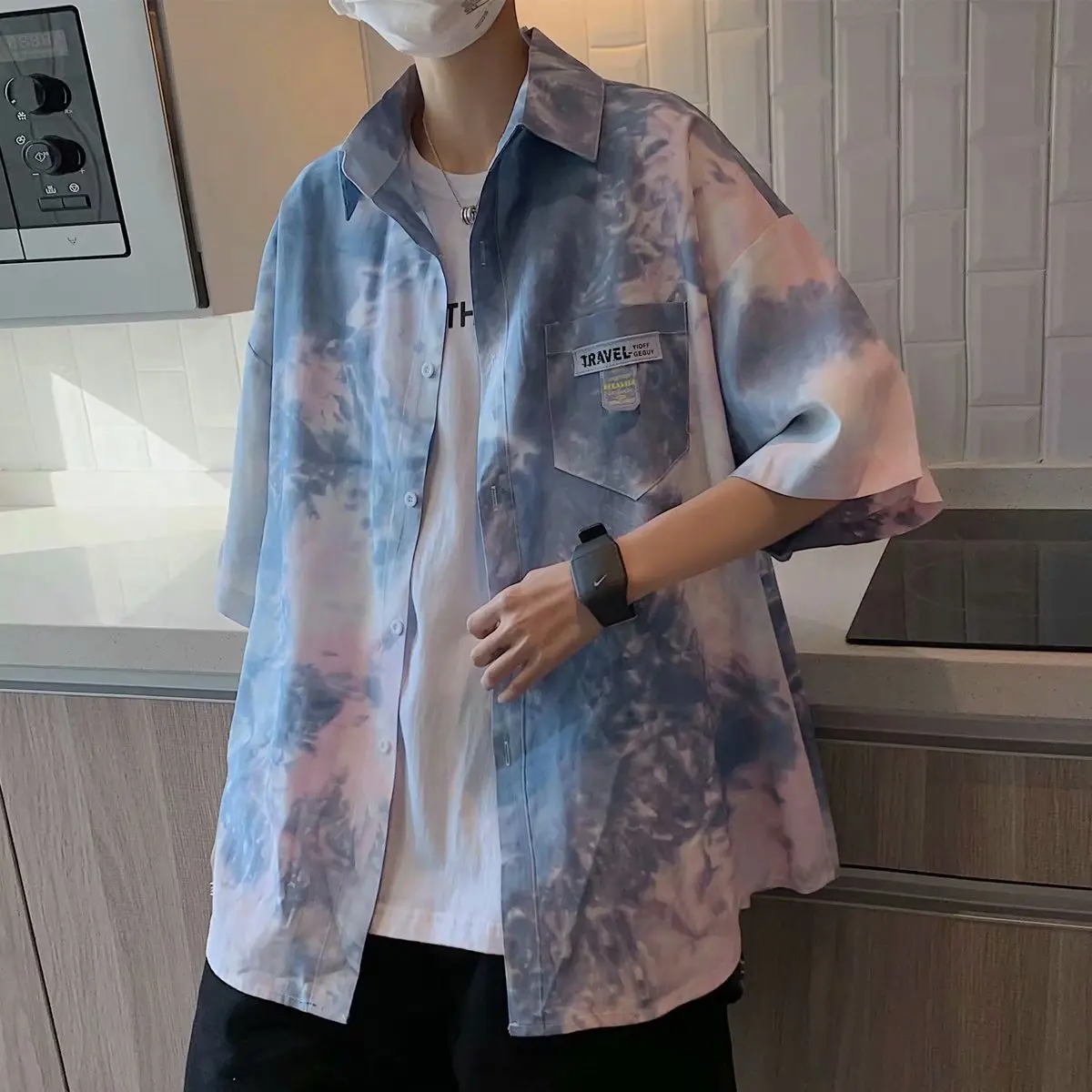 Гавайская рубашка мужская летняя куртка с коротким рукавом и оборками красивая в