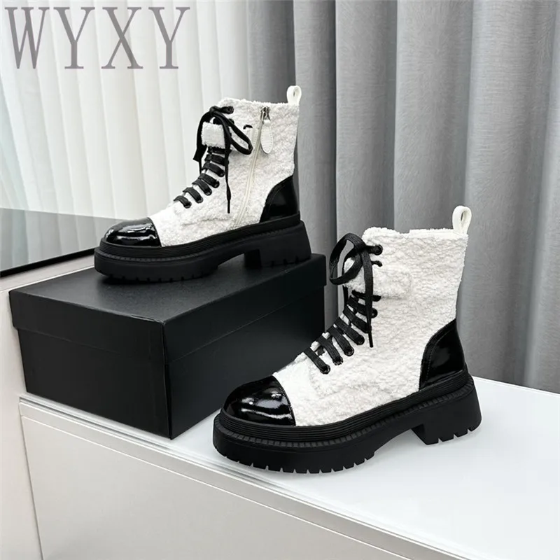 

Autumn New Round Toe Genuine Leather Shoes Boots Women Med Heels Denim Patent Leather Thick Sole Concise Casual Ankle Boots 2023