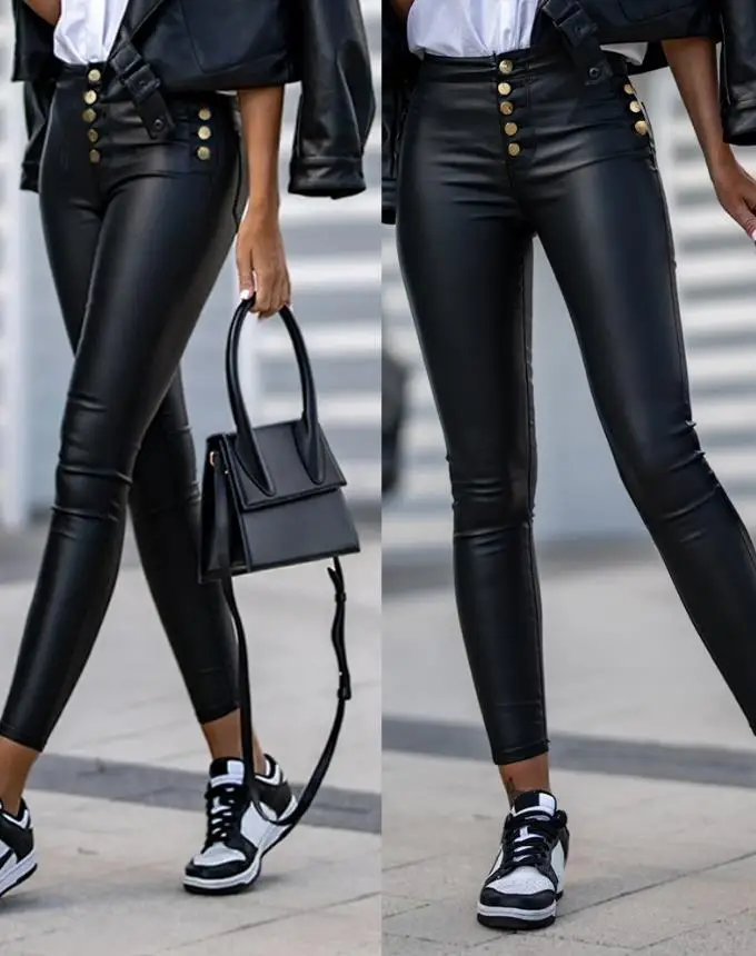 

women pants new trousers high waist elegant 2022 fashion Button Front High Waist PU Leather Skinny Pants female outfits