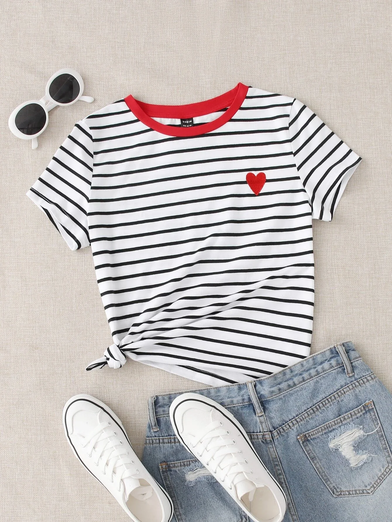 

Plus Striped Heart Embroidery Detail Tee