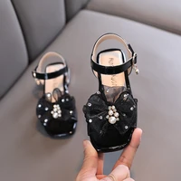 black pink sliver children kids sandals for gils 2022 summer new korean princess shoes flowers pearl open toe sandals with bow