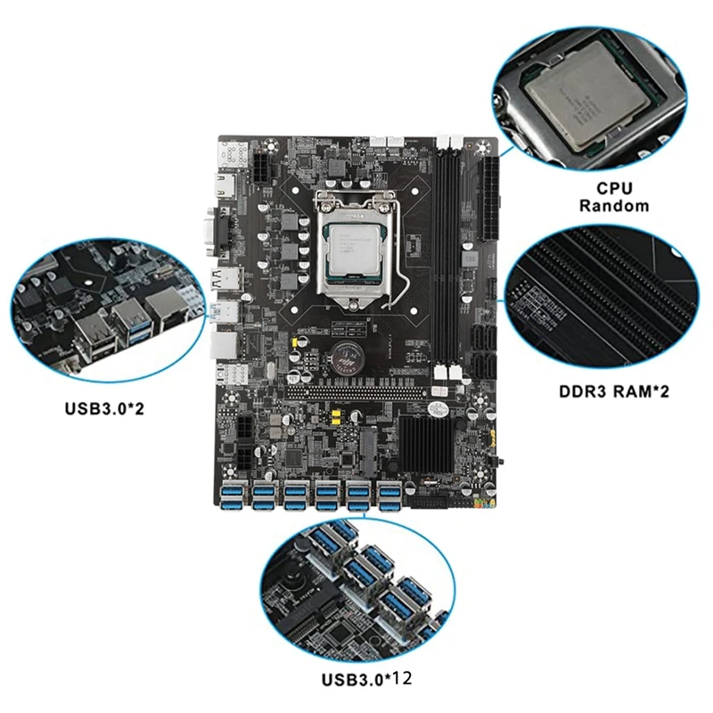 

12 GPU B75 USB-BTC Mining Motherboard CPU+Cooling Fan+4G DDR3 RAM+120G SSD+SATA Cable+Bezel LGA1155 DDR3 MSATA VGA ETH