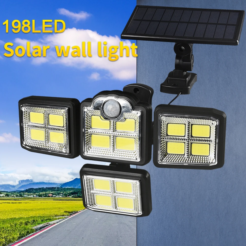 

Лм 198COB светодиодный солнечный светильник, наружный датчик движения, 4 головки, 3 режима, солнечная настенная лампа, IP68, водонепроницаемый, ла...