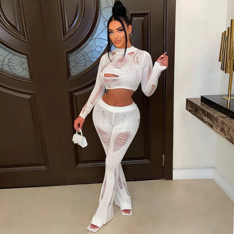 

Женский трикотажный комплект из топа и брюк, облегающий трикотажный топ с длинными рукавами и отверстиями, весна-лето 2023