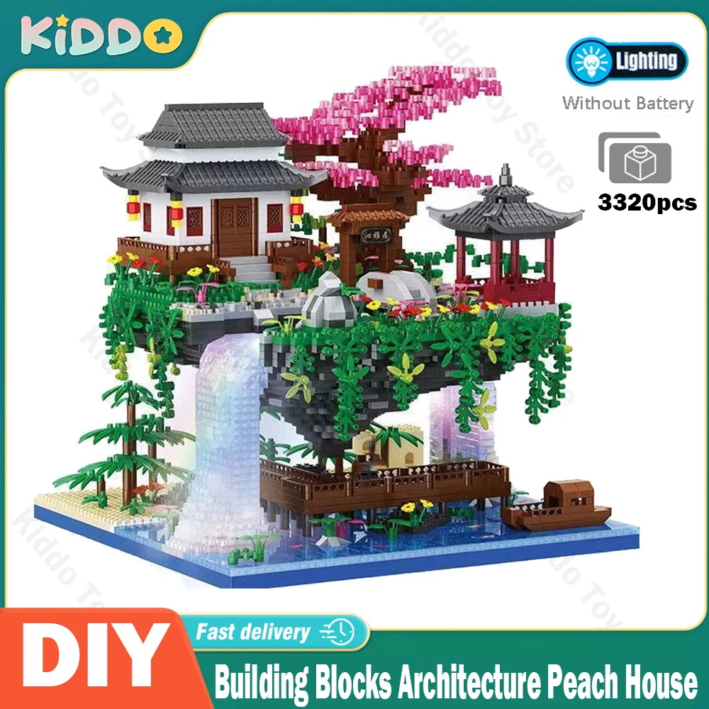 

Building Blocks Bricks Architecture Peach House Pavilion Waterfall River Led Light Diy Mini Diamond Toy for Kid Gift Room Decor