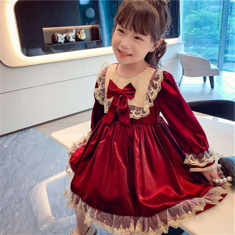 Girls Long-sleeved Wine Red Lolita Princess Dress Toddler Girl Fall Clothes 2022 Flower Girl Dresses  Girls Christmas Dress