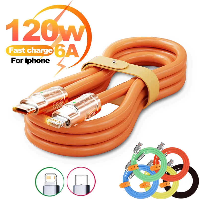 

120W 6A Type-C Fast Charge Cable For Apple Iphone 14 12 13 11 Pro Max XR 8 Plue 7 USB C to lightning Silicone Charging Date Cord