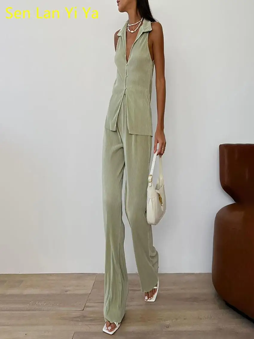 

Sen Lan Yi Ya 2023 New Casual Solid Summer Women'S Trouser Suit Fashion Pleated V-Neck Sleeveless Tops Slim Straight Pants Sets