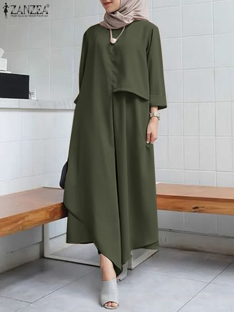

ZANZEA Muslim Fashion 2PCS Sets Women Irregular Hem Blouse Long Solid Pants Suits Holiday Party Turkey African Islamic Clothing
