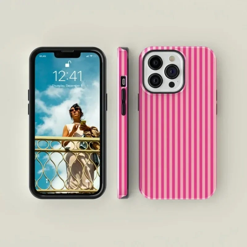 Фото Полосатый розовый на розовом чехле для IPHONE 16 Pro Max 15 14 13 12 11 PRO Plus, акриловый ТПУ, чехлы для телефонов «два в одном» №2