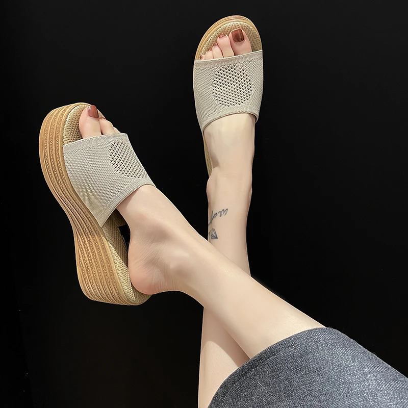 

Wedges Slippers 2022 Summer New Mesh Flip Flops Women Sandals Sexy High Heels Shoes Dress Pumps Shallow Platform Mujer Slides