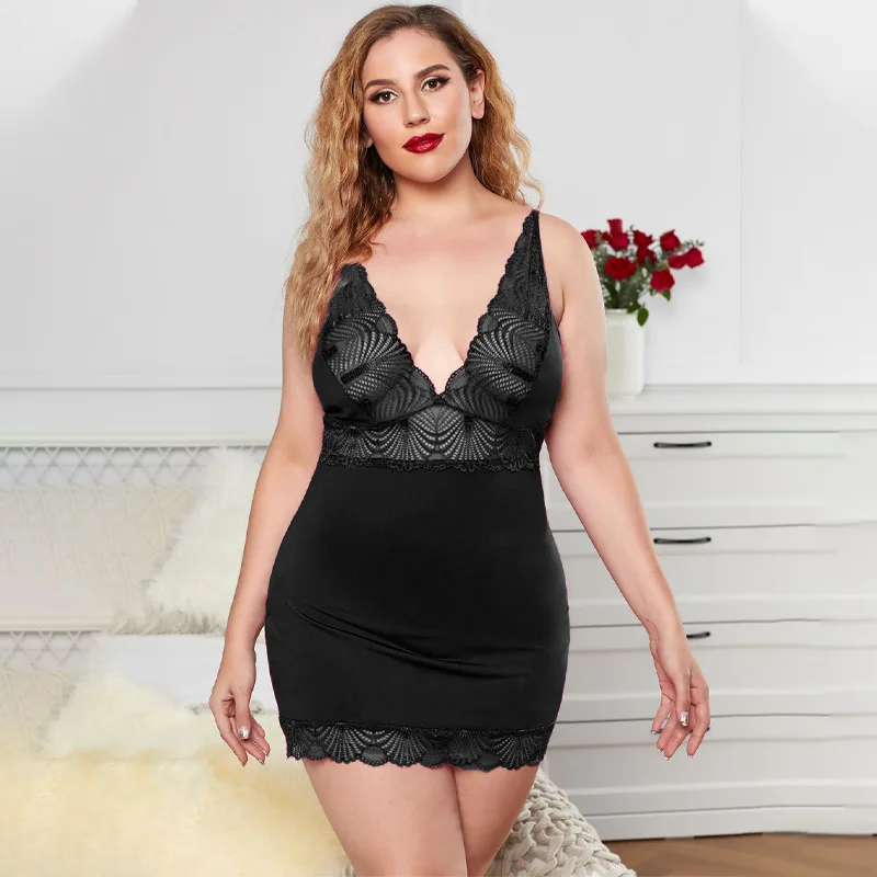 

Plus Size XL-5XL Nightgown For Women Sexy Nightdress Lace Elastic Underwear Femme Sleepwear Summer V-neck Lingerie Slip Dress