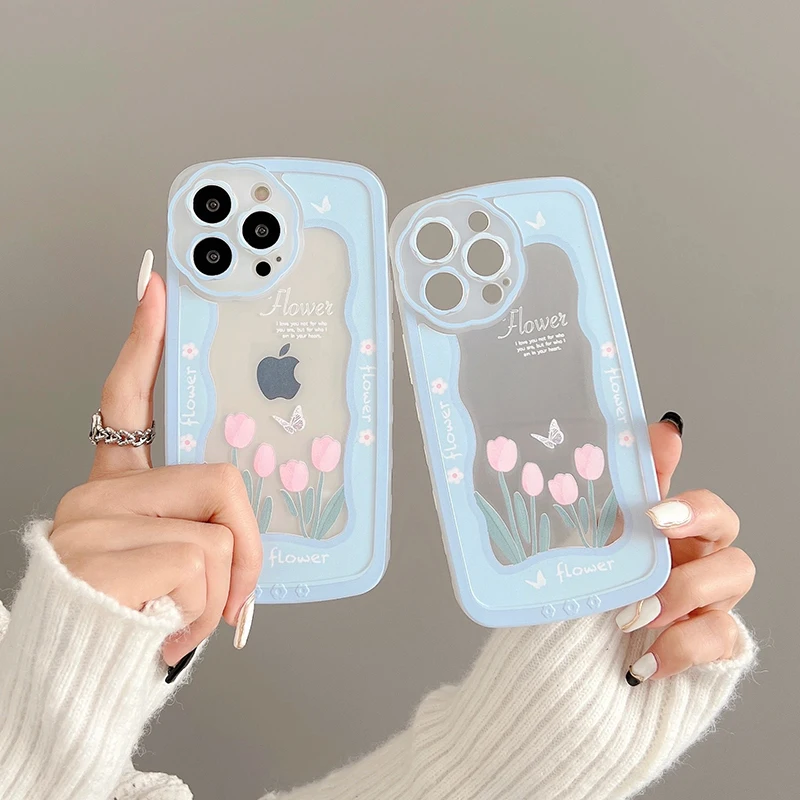 

Cute pink tulips blue bumper soft case for iphone 13 12 pro max 11 pro x xs xr max 7 8 plus silicone transparent back cover capa