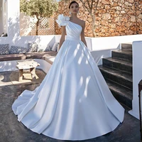 simple one shoulder wedding dress backless ball gown modern pleat bridal gown button zipper satin sweep train robe de mari%c3%a9e