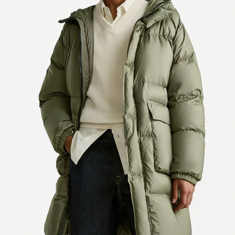 Мужской пуховик средней длины с капюшоном свободный толстый теплый армейского