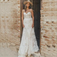 boho spaghetti straps vintage lace wedding dress with a line tulle beach sweetheart bride gown illusion trouwjurk robe de mari%c3%a9e