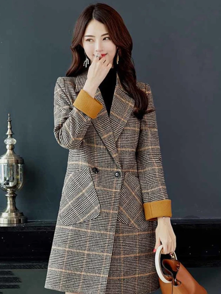 

Women's Long Trench Coat Plaid Loose Long Sleeve Winter Coat for Women Lapel Cotton Cardigan Korean Fashion Women's Windbreaker