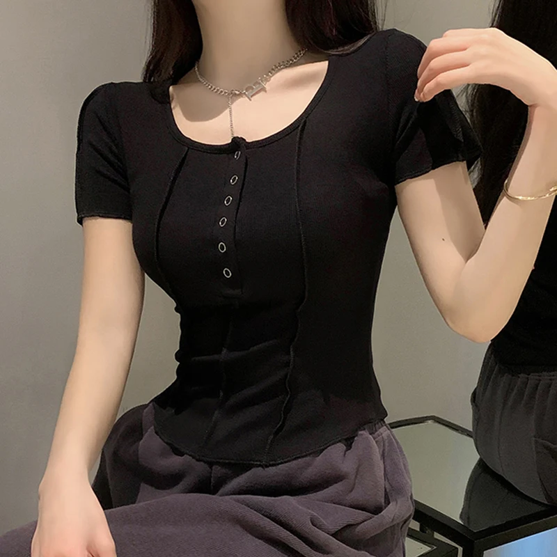 

Women Summer Slim Fit Solid Collar Tees Tops Casual Fashion T-Shirts Clothes New Short Sleeve Square Collar Cotton Tshirt 26913