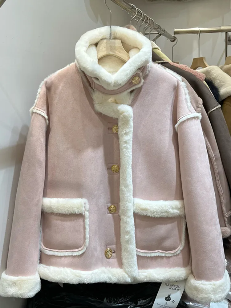 2022 Autumn Winter Women Warm Faux Fur Fleece Coat Jacket Ladies Lamb Wool Thickened Locomotive Pink Purple Female Outwear