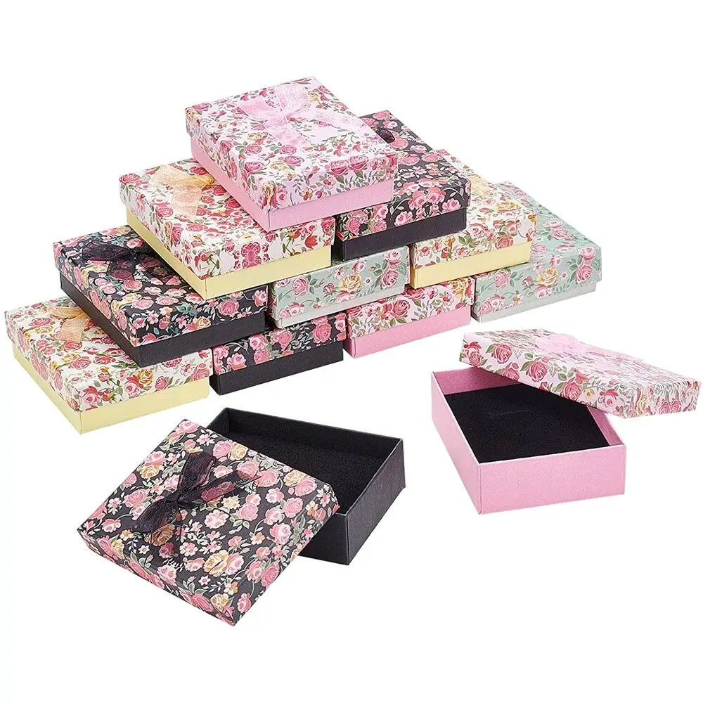 

Pandahall 24Pcs Rectangle Bowknot Flower Pattern Cardboard Jewelry Set Boxes Ring Earrings Gift Boxes for Jewellery Packaging