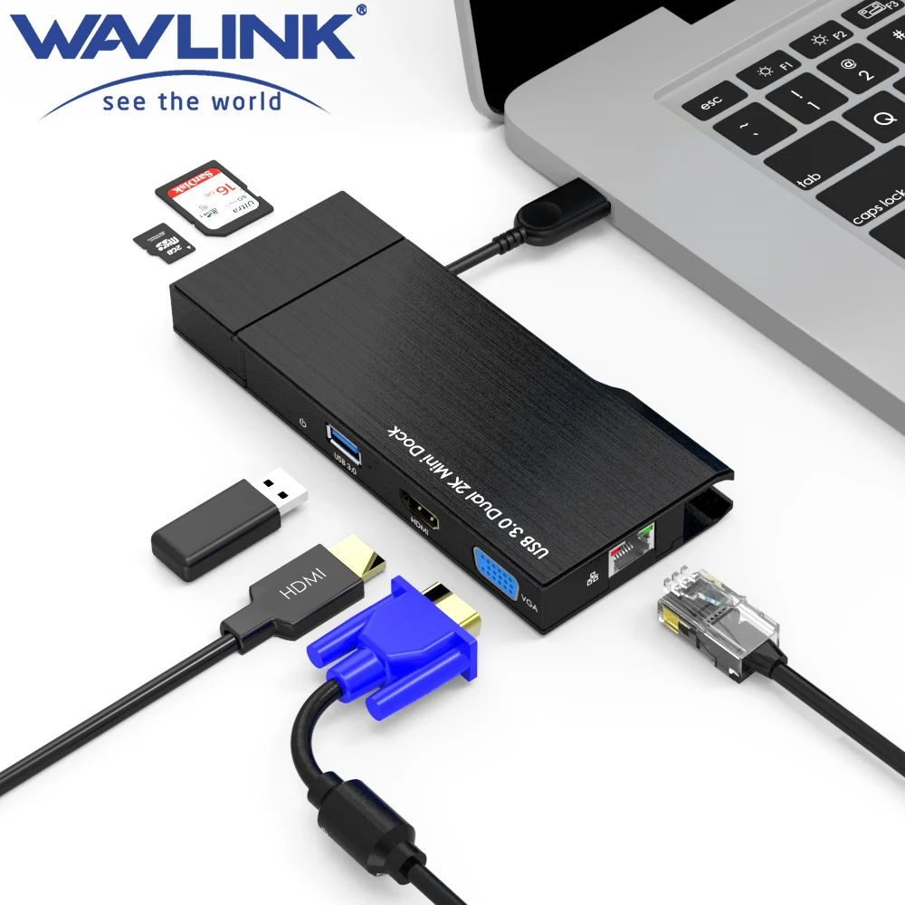 Wavlink Dual Display 2k Mini Dock USB3.0 Hub HDMI VGA Gigabit RJ45 Adapter Ethernet Multiport Converter SD Card Reader to Mac OS