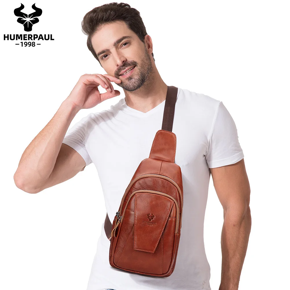 

Natural Dry Rubbed Leather Men's Tan Fashion One Shoulder Messenger Multi Pocket Sling Bag