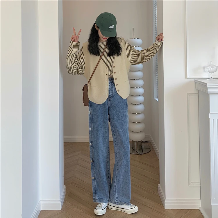 

N0091 New style breasted pants women's high waist wide leg pants loose straight trousers jeans