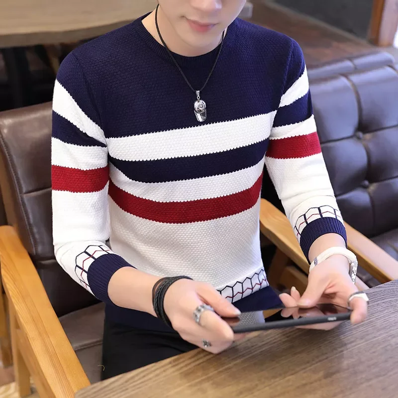 Men New Leisure Color Spring and Autumn Thin Long-sleeved Sleeve Round Collar Trimming Black Wine Red Blue Warm Sweater