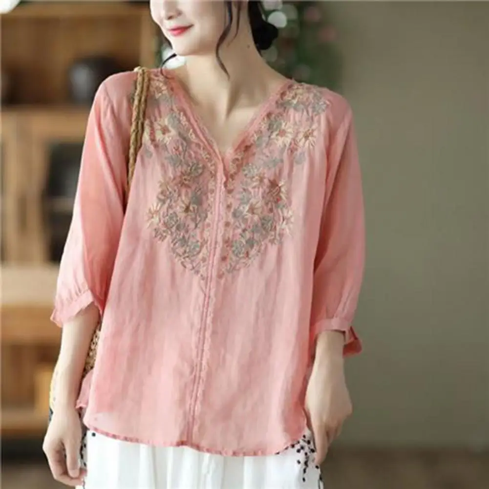 

Shirt Top Lace Trim Vintage Blouse Embroidery Flower Print Retro Shirt Top