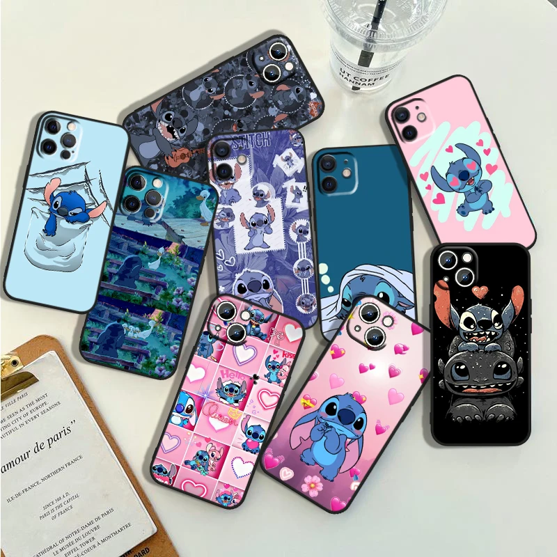 

Cute Lilo And Stitch Phone Case For Apple iPhone 14 13 12 11 Pro Max Mini XS Max X XR 7 8 Plus 5S Silicone Black Shell