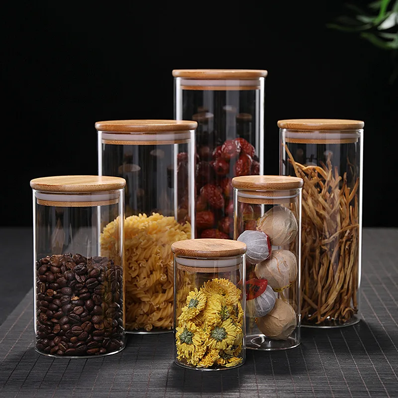 

Kitchen Storage Food Container Bambo Covered High Borosilicate Food Sealed Glass Tank Kitchen Miscellaneous Grain Organizer