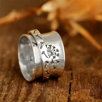 retro aesthetic dandelion flower spinner silvertone ring for women relief fidget anxiety wide jewelry gift size 6 10 spinner