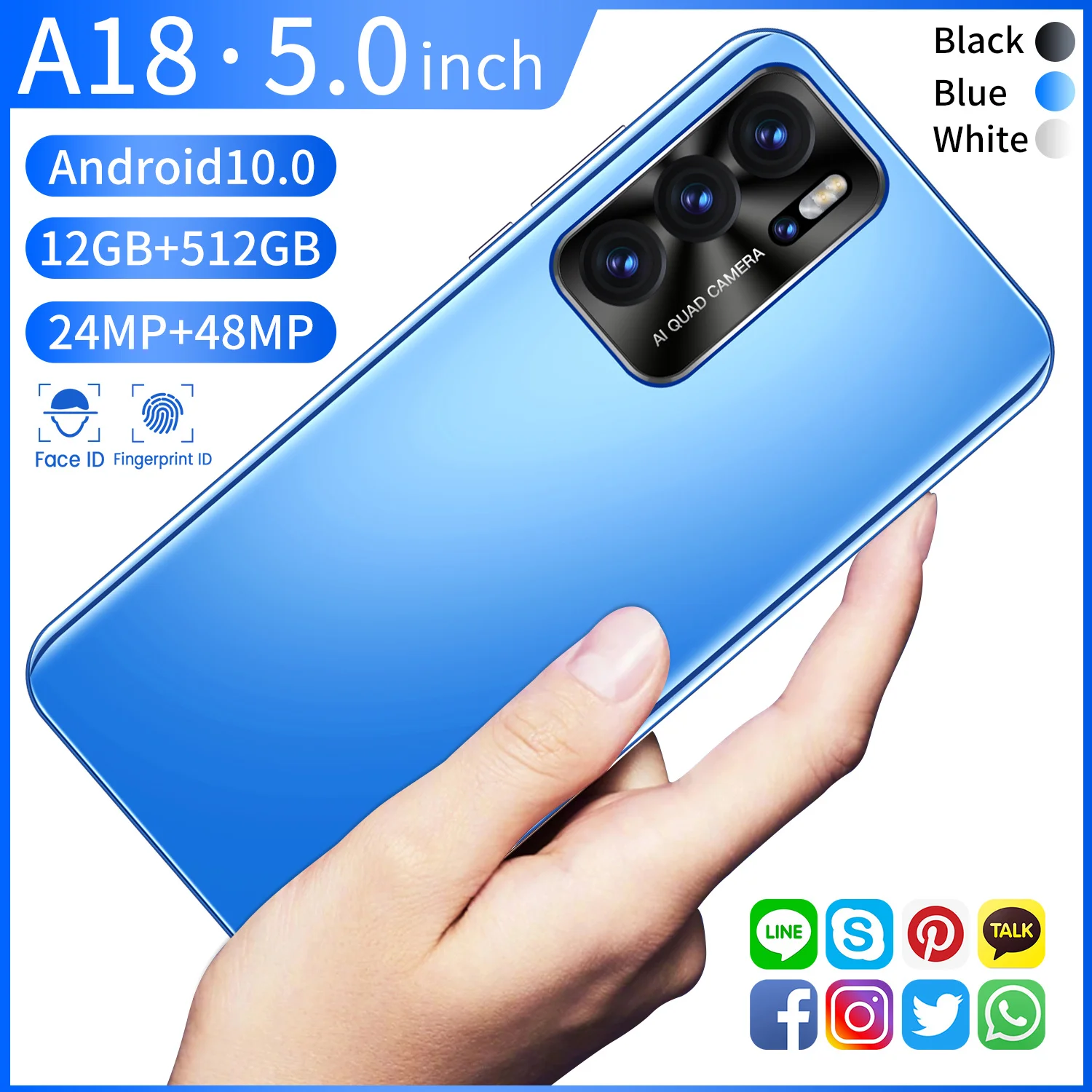 

A18 5,0 дюймовые мини-смартфоны, планшетофон 5000 мАч 12G + 512G, планшетофон с сенсорным экраном, функция распознавания лица, телефон Android