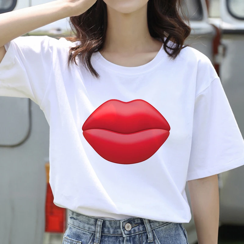 

Women big red Lips t-shirt summer short sleeve Tshirt Women Kawaii Red lips Tumblr Harajuku Aesthetic white Top Tees tshirt