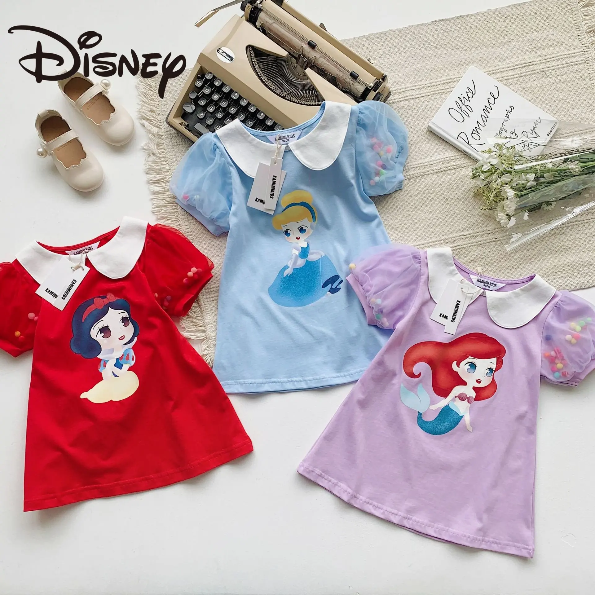 

Одежда для девочек Disney, летняя детская Милая Сетчатая футболка с рукавами-пузырями, юбка, мультяшное платье принцессы для девочек