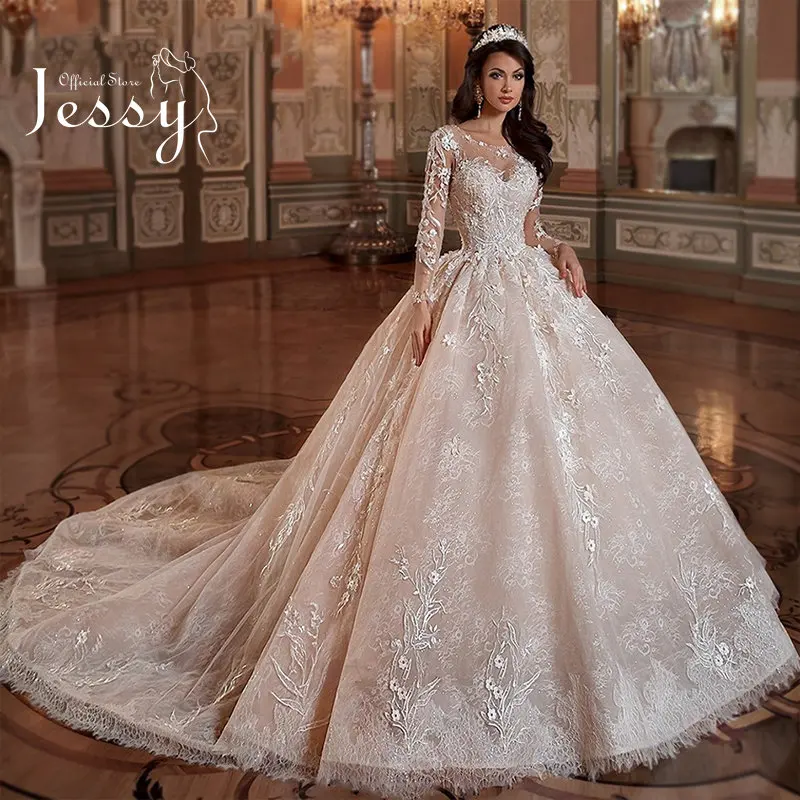 

Luxurious Vintage Wedding Dress Embroidered Lace On Net Ball Gown Train Corset O-neck Full Sleeve Bridal Lace Up Robes De Mariée